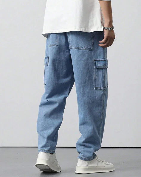 Men Light Washed Tapered Jeans