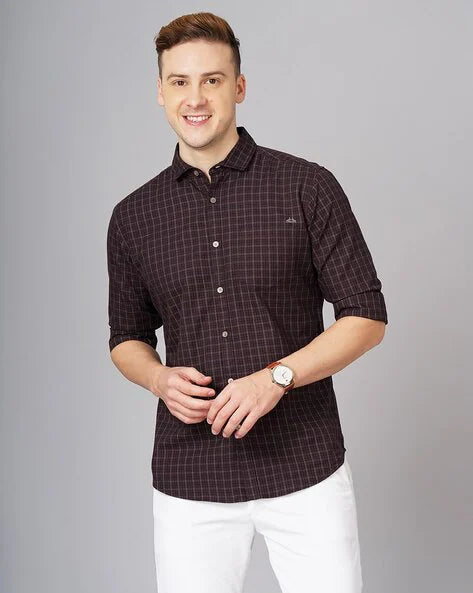 Men checked slim fit cotton shirt