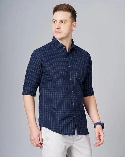 Men checked slim fit cotton shirt