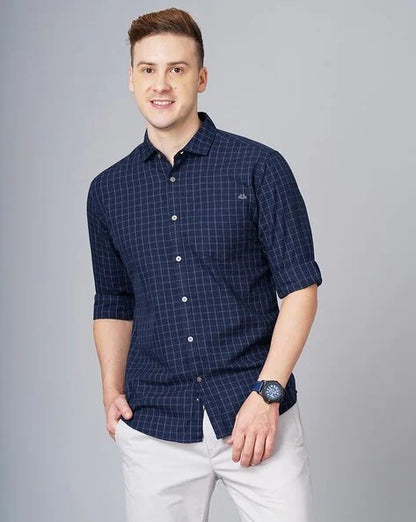 Men checked slim fit cotton shirt