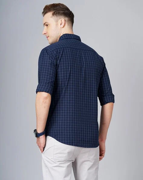 Men checked slim fit cotton shirt