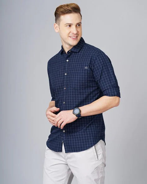 Men checked slim fit cotton shirt